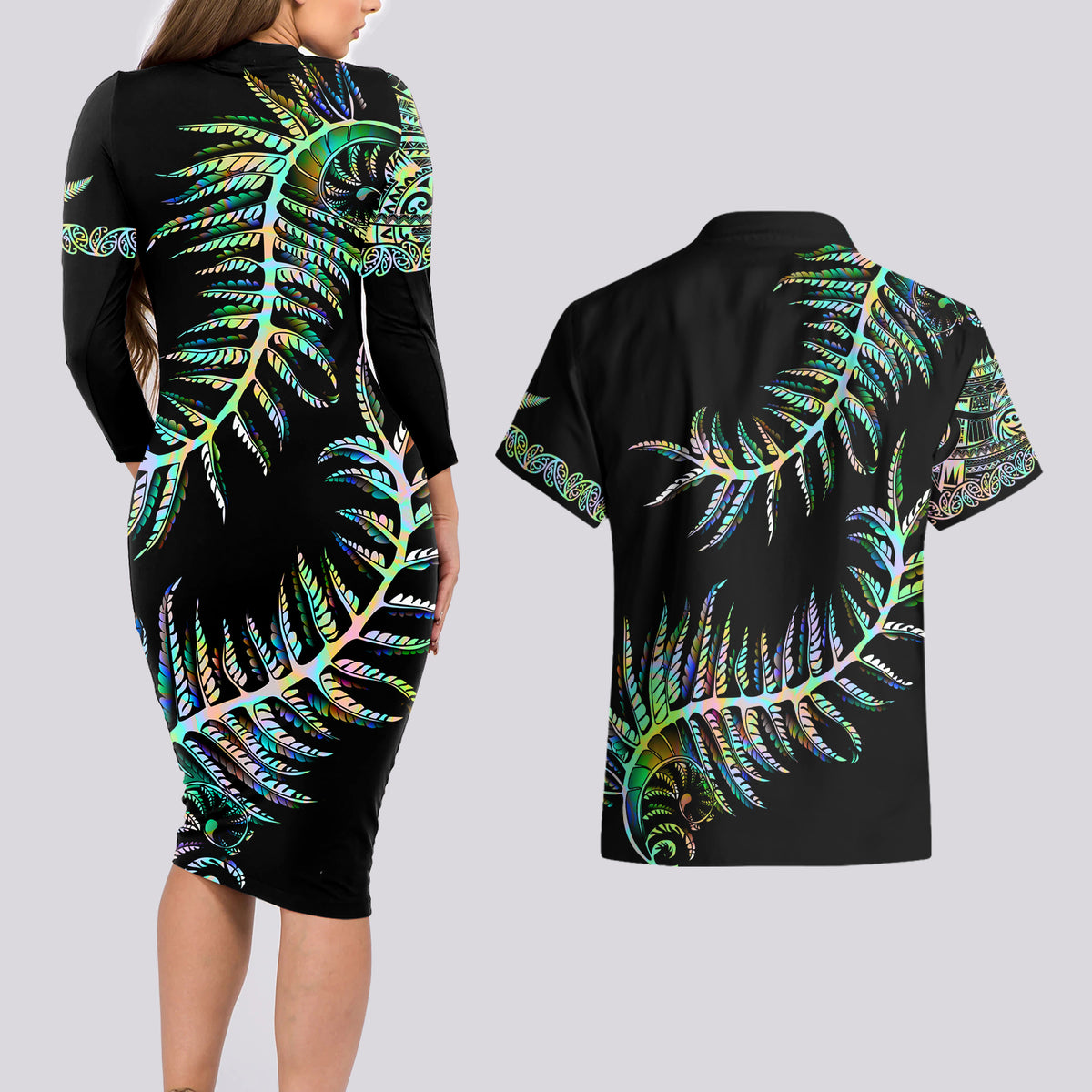 New Zealand Couples Matching Long Sleeve Bodycon Dress and Hawaiian Shirt Aotearoa Silver Fern Mixed Papua Shell Green Vibe LT9 - Wonder Print Shop