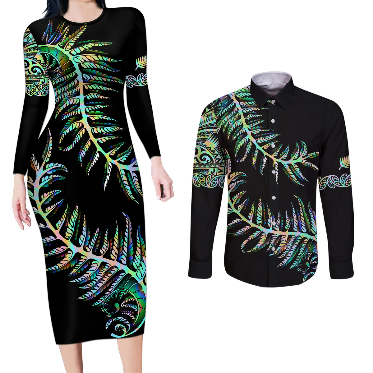 New Zealand Couples Matching Long Sleeve Bodycon Dress and Long Sleeve Button Shirt Aotearoa Silver Fern Mixed Papua Shell Green Vibe LT9 - Wonder Print Shop