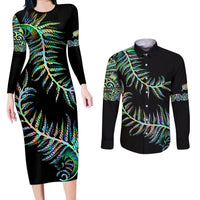 New Zealand Couples Matching Long Sleeve Bodycon Dress and Long Sleeve Button Shirt Aotearoa Silver Fern Mixed Papua Shell Green Vibe LT9 - Wonder Print Shop