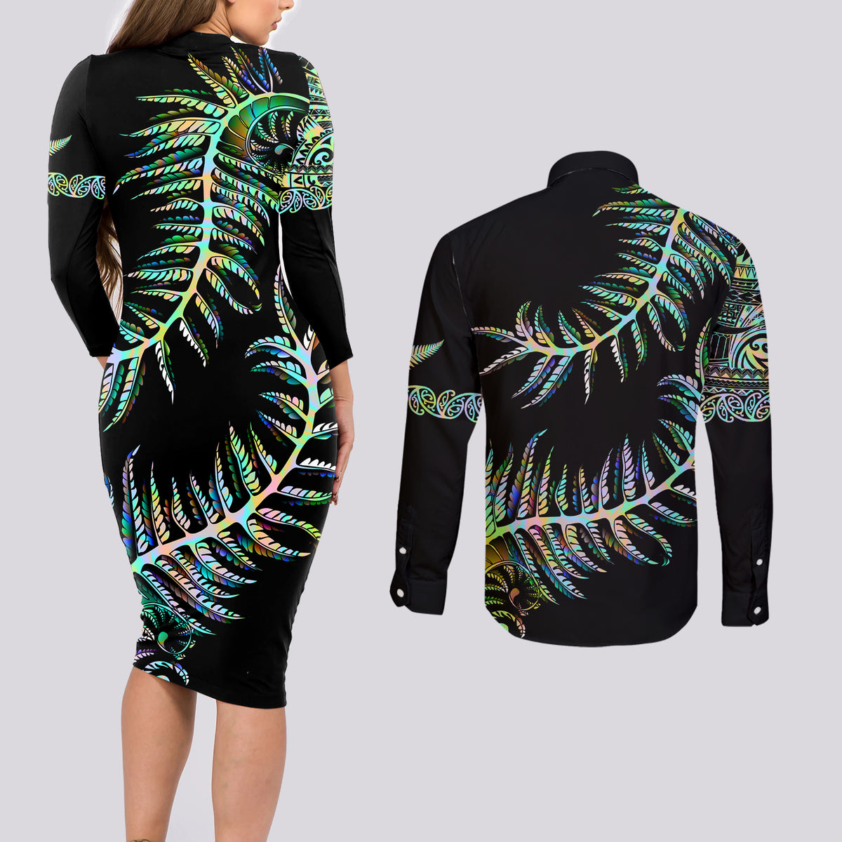 New Zealand Couples Matching Long Sleeve Bodycon Dress and Long Sleeve Button Shirt Aotearoa Silver Fern Mixed Papua Shell Green Vibe LT9 - Wonder Print Shop