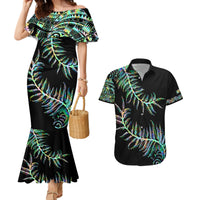 New Zealand Couples Matching Mermaid Dress and Hawaiian Shirt Aotearoa Silver Fern Mixed Papua Shell Green Vibe LT9 - Wonder Print Shop
