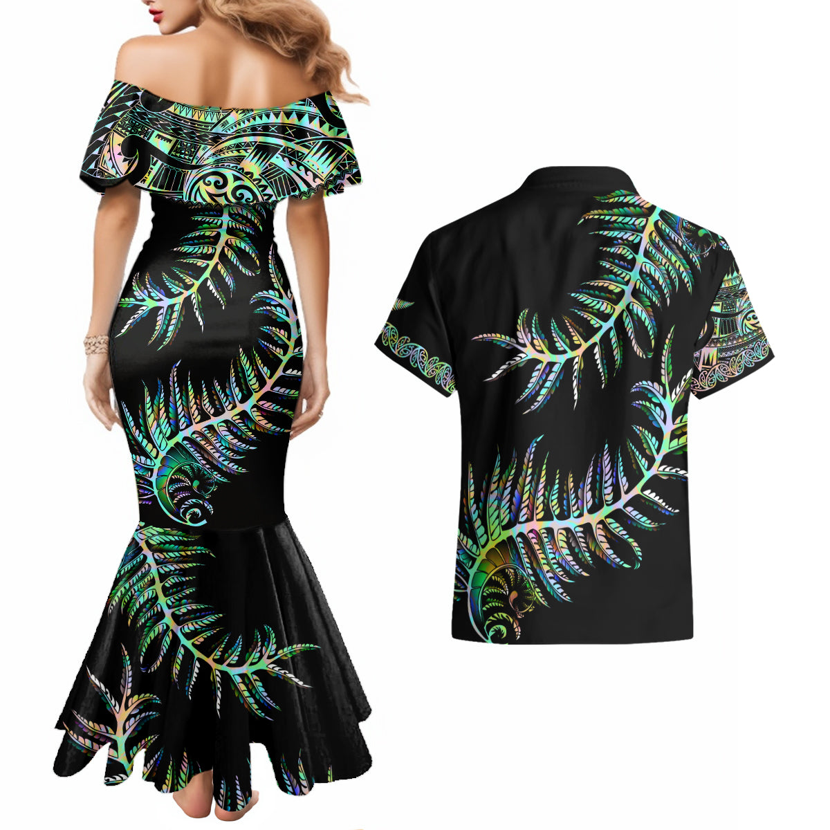 New Zealand Couples Matching Mermaid Dress and Hawaiian Shirt Aotearoa Silver Fern Mixed Papua Shell Green Vibe LT9 - Wonder Print Shop