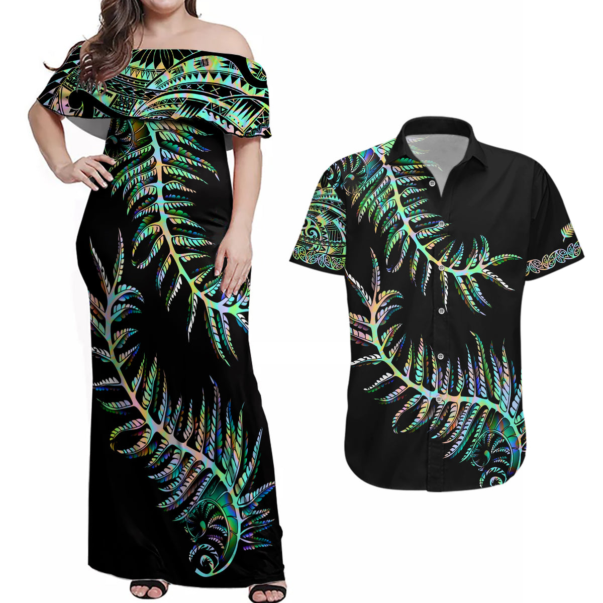 New Zealand Couples Matching Off Shoulder Maxi Dress and Hawaiian Shirt Aotearoa Silver Fern Mixed Papua Shell Green Vibe LT9 - Wonder Print Shop