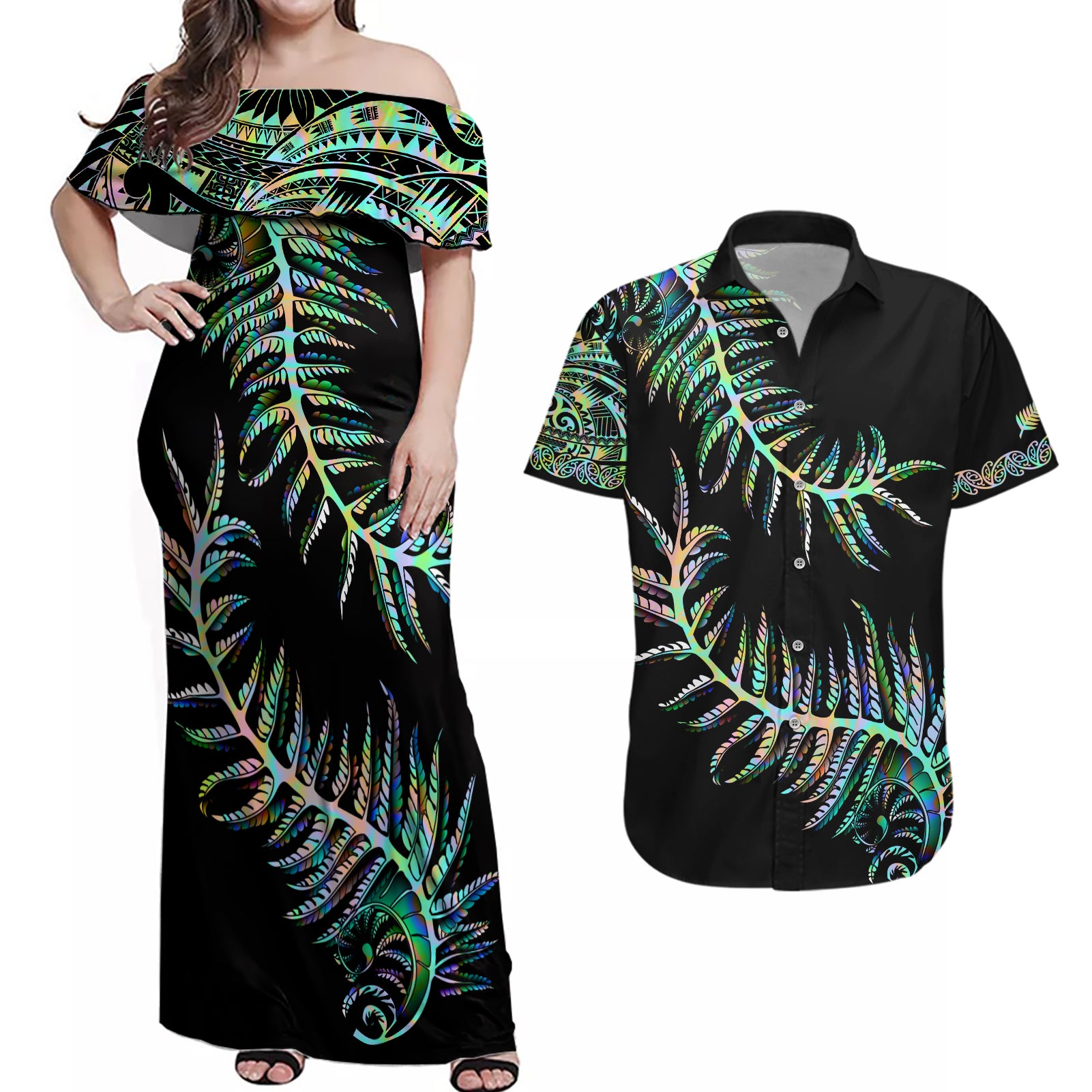 New Zealand Couples Matching Off Shoulder Maxi Dress and Hawaiian Shirt Aotearoa Silver Fern Mixed Papua Shell Green Vibe LT9 - Wonder Print Shop