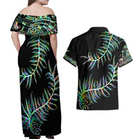 New Zealand Couples Matching Off Shoulder Maxi Dress and Hawaiian Shirt Aotearoa Silver Fern Mixed Papua Shell Green Vibe LT9 - Wonder Print Shop