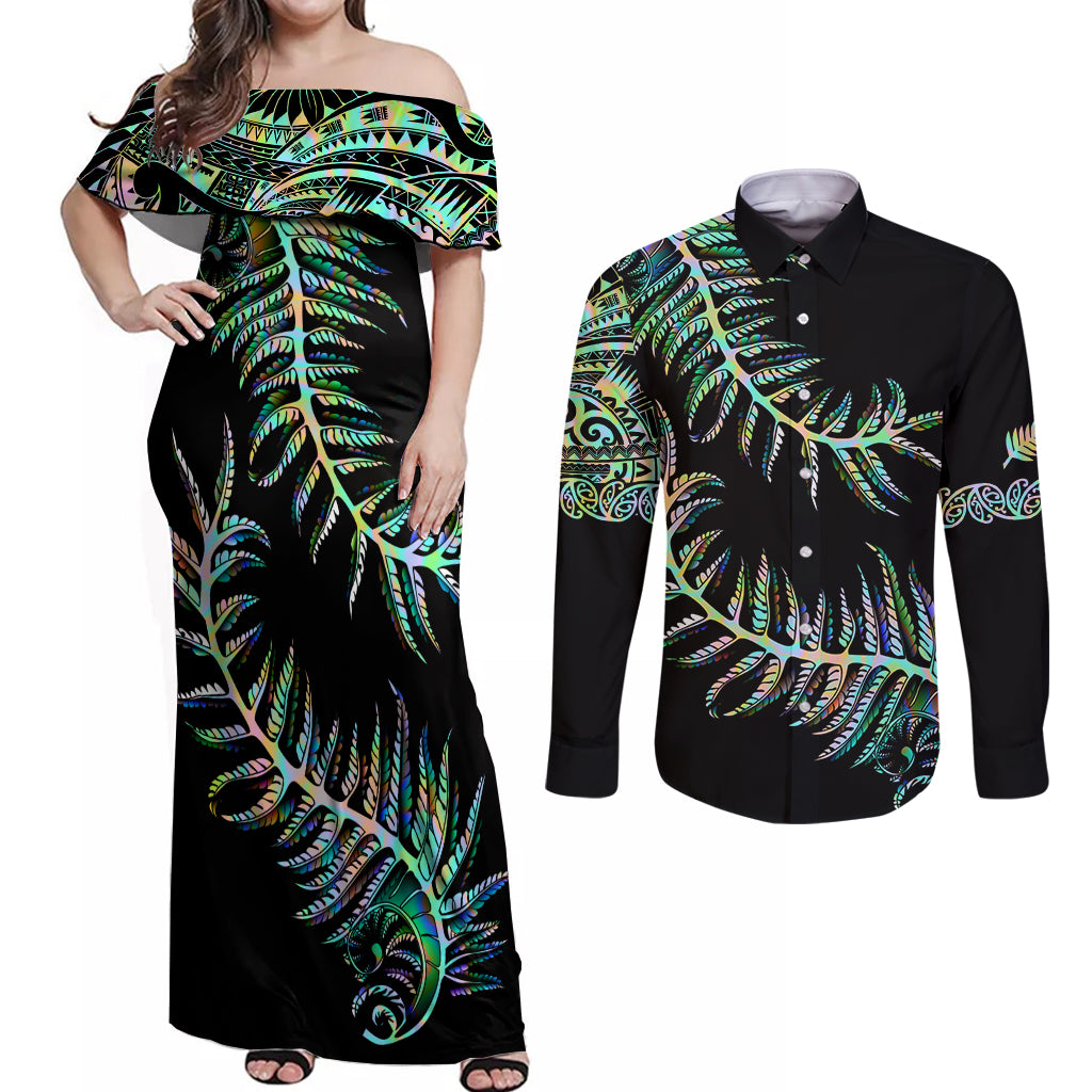 New Zealand Couples Matching Off Shoulder Maxi Dress and Long Sleeve Button Shirt Aotearoa Silver Fern Mixed Papua Shell Green Vibe LT9 - Wonder Print Shop
