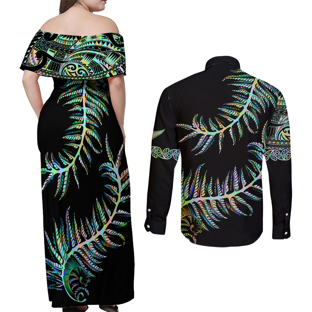 New Zealand Couples Matching Off Shoulder Maxi Dress and Long Sleeve Button Shirt Aotearoa Silver Fern Mixed Papua Shell Green Vibe LT9 - Wonder Print Shop