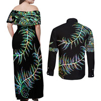 New Zealand Couples Matching Off Shoulder Maxi Dress and Long Sleeve Button Shirt Aotearoa Silver Fern Mixed Papua Shell Green Vibe LT9 - Wonder Print Shop