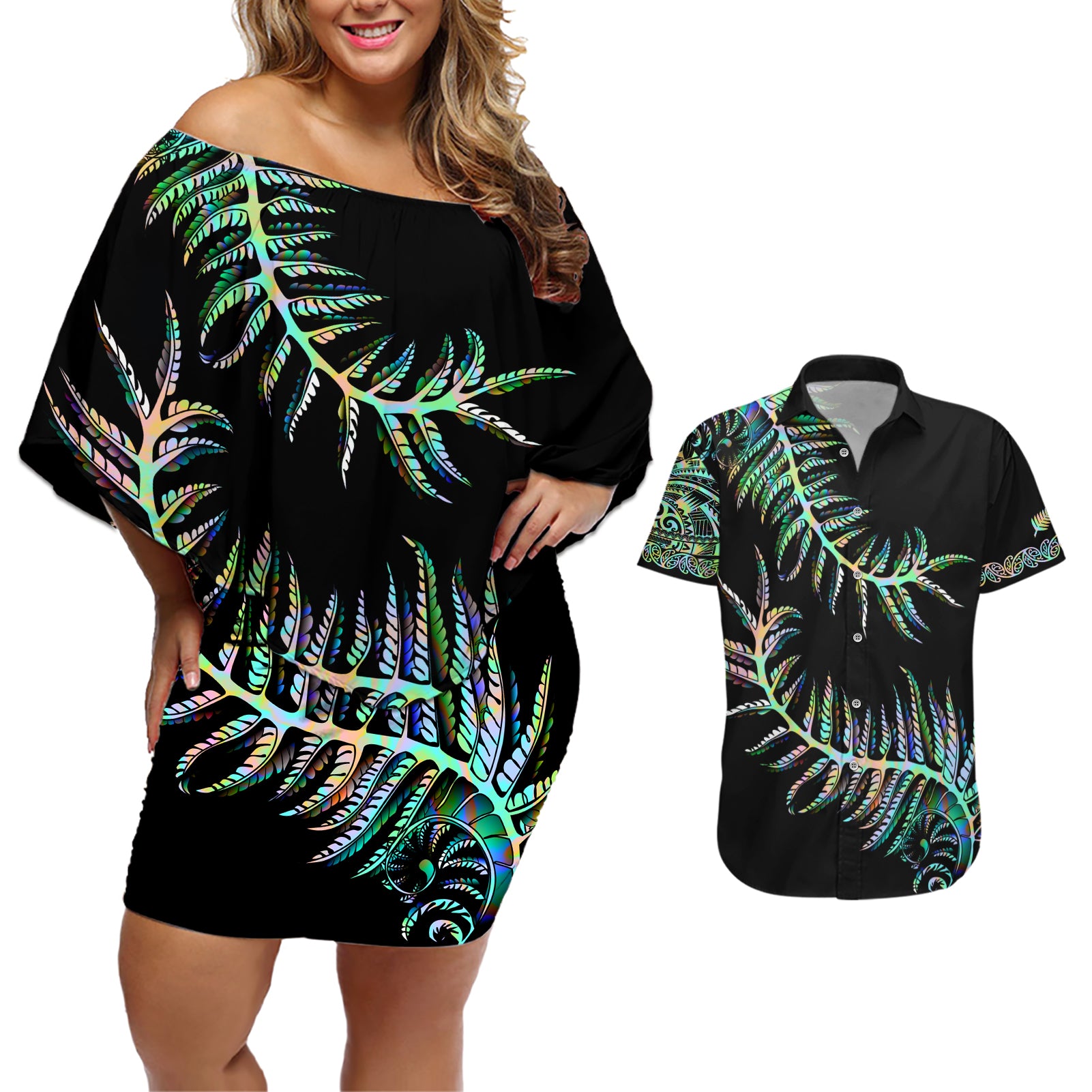 New Zealand Couples Matching Off Shoulder Short Dress and Hawaiian Shirt Aotearoa Silver Fern Mixed Papua Shell Green Vibe LT9 - Wonder Print Shop