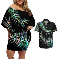 New Zealand Couples Matching Off Shoulder Short Dress and Hawaiian Shirt Aotearoa Silver Fern Mixed Papua Shell Green Vibe LT9 - Wonder Print Shop