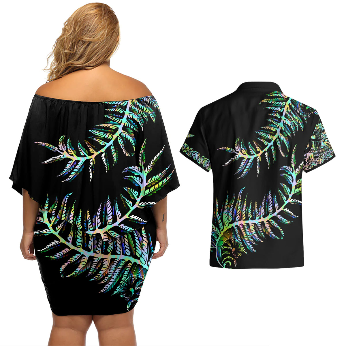New Zealand Couples Matching Off Shoulder Short Dress and Hawaiian Shirt Aotearoa Silver Fern Mixed Papua Shell Green Vibe LT9 - Wonder Print Shop