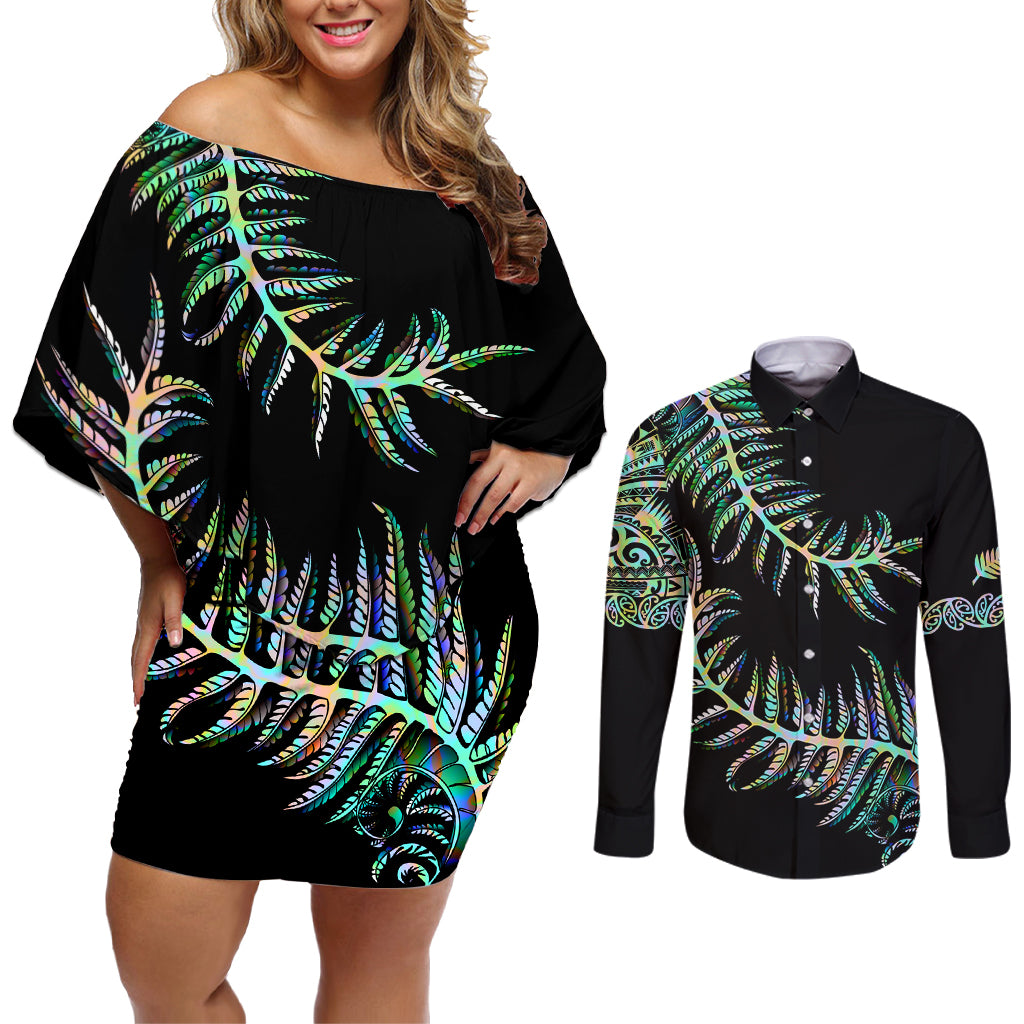 New Zealand Couples Matching Off Shoulder Short Dress and Long Sleeve Button Shirt Aotearoa Silver Fern Mixed Papua Shell Green Vibe LT9 - Wonder Print Shop