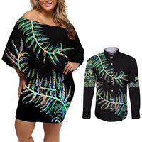 New Zealand Couples Matching Off Shoulder Short Dress and Long Sleeve Button Shirt Aotearoa Silver Fern Mixed Papua Shell Green Vibe LT9 - Wonder Print Shop
