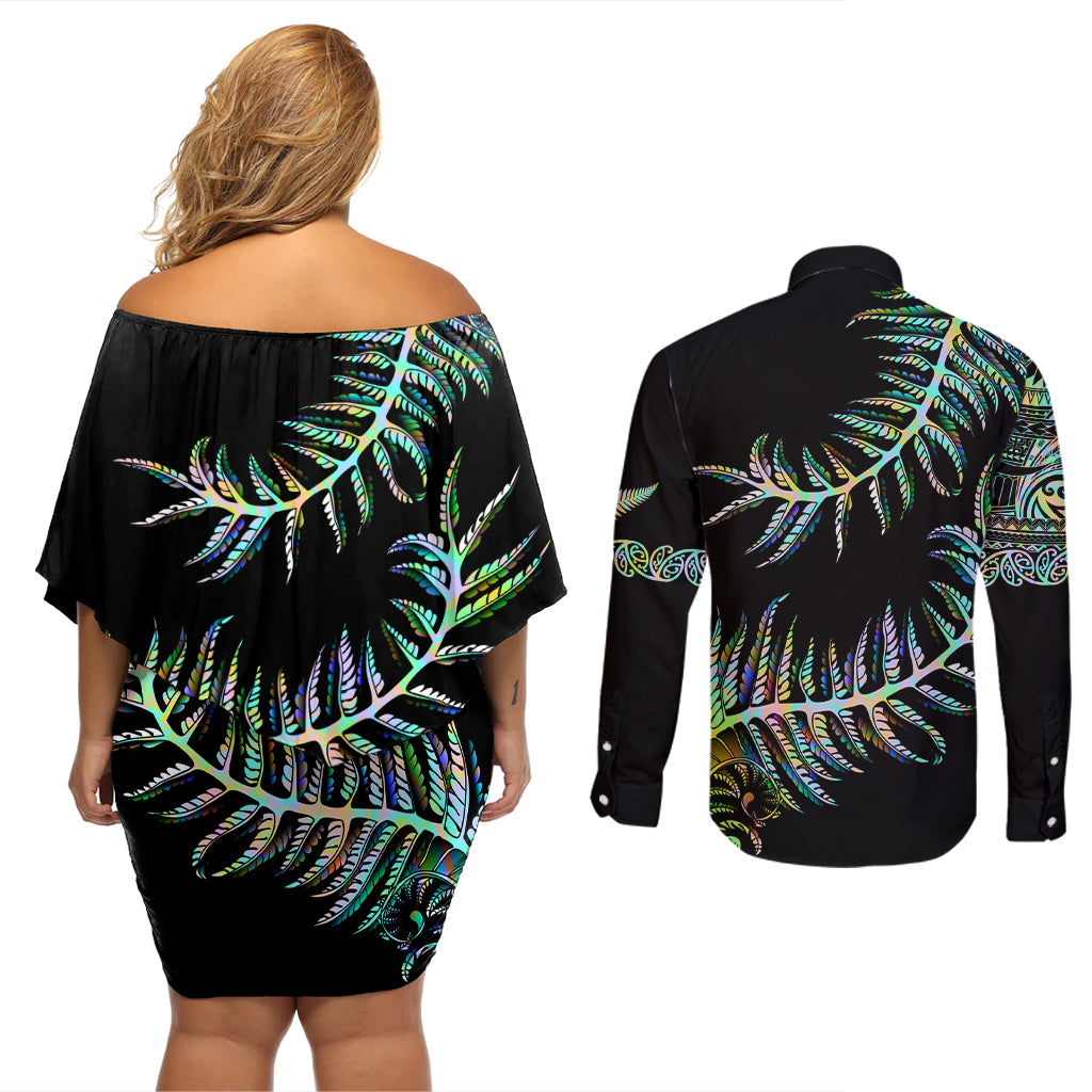 New Zealand Couples Matching Off Shoulder Short Dress and Long Sleeve Button Shirt Aotearoa Silver Fern Mixed Papua Shell Green Vibe LT9 - Wonder Print Shop