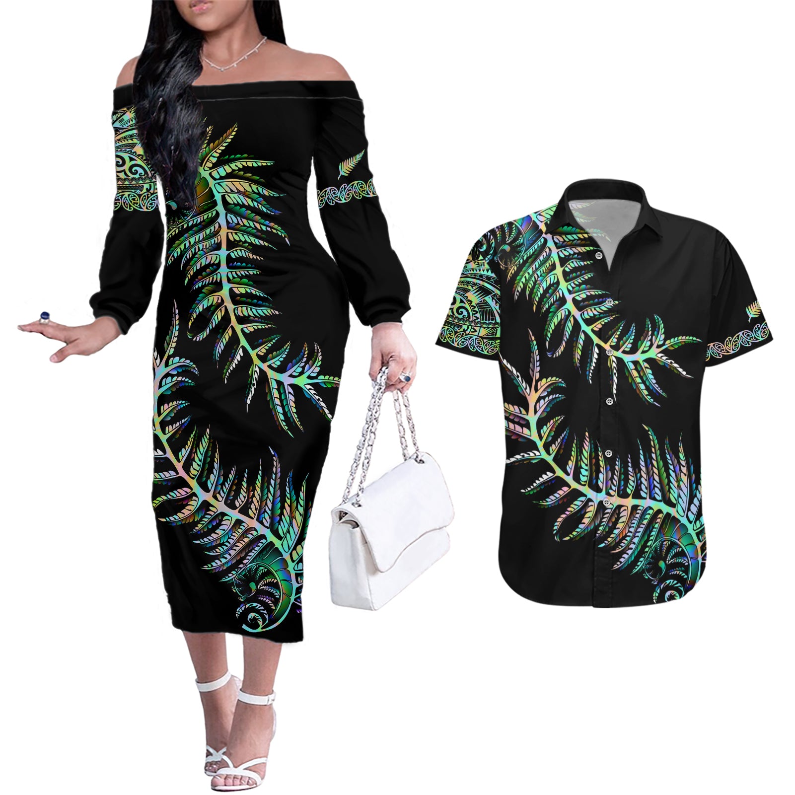 New Zealand Couples Matching Off The Shoulder Long Sleeve Dress and Hawaiian Shirt Aotearoa Silver Fern Mixed Papua Shell Green Vibe LT9 - Wonder Print Shop