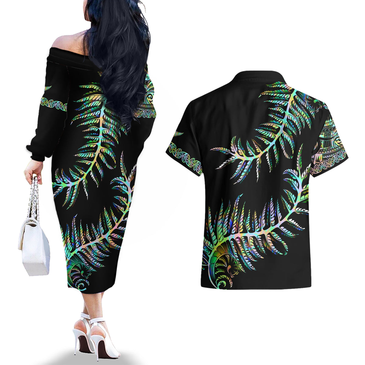 New Zealand Couples Matching Off The Shoulder Long Sleeve Dress and Hawaiian Shirt Aotearoa Silver Fern Mixed Papua Shell Green Vibe LT9 - Wonder Print Shop