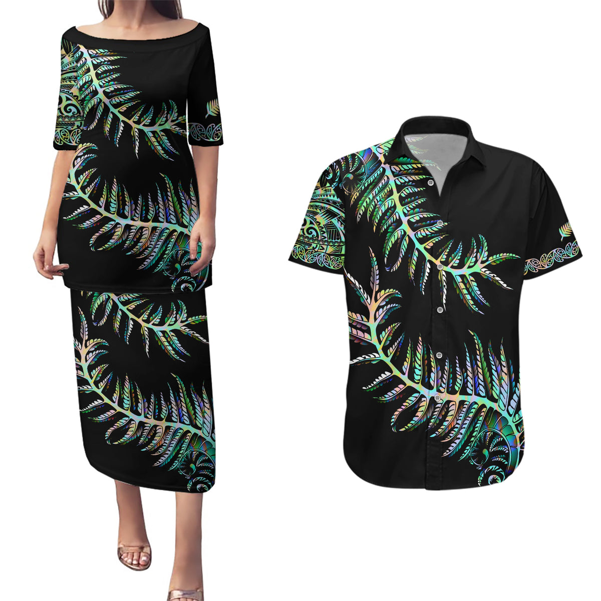 New Zealand Couples Matching Puletasi Dress and Hawaiian Shirt Aotearoa Silver Fern Mixed Papua Shell Green Vibe LT9 - Wonder Print Shop