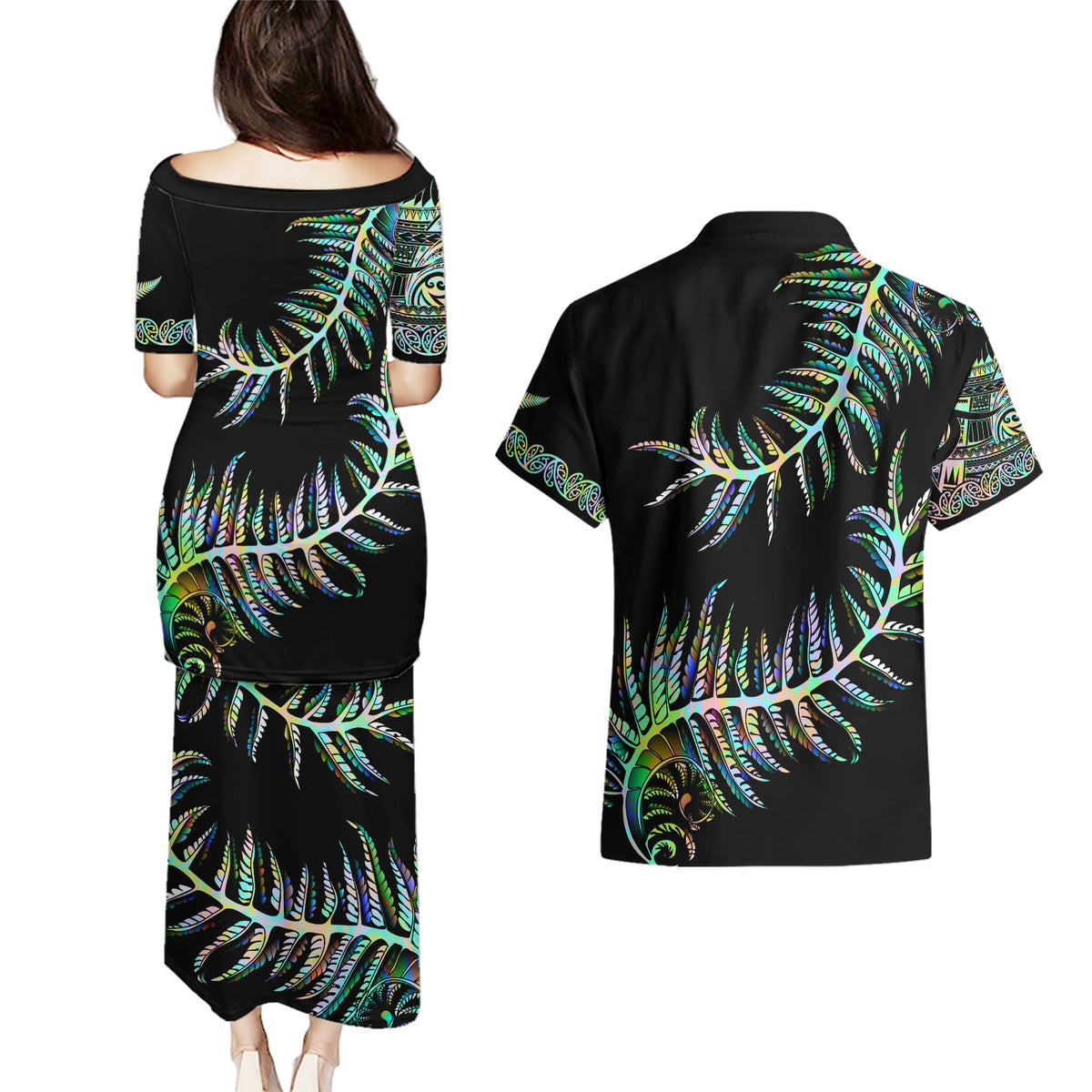 New Zealand Couples Matching Puletasi Dress and Hawaiian Shirt Aotearoa Silver Fern Mixed Papua Shell Green Vibe LT9 - Wonder Print Shop