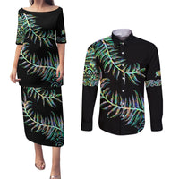 New Zealand Couples Matching Puletasi Dress and Long Sleeve Button Shirt Aotearoa Silver Fern Mixed Papua Shell Green Vibe LT9 - Wonder Print Shop
