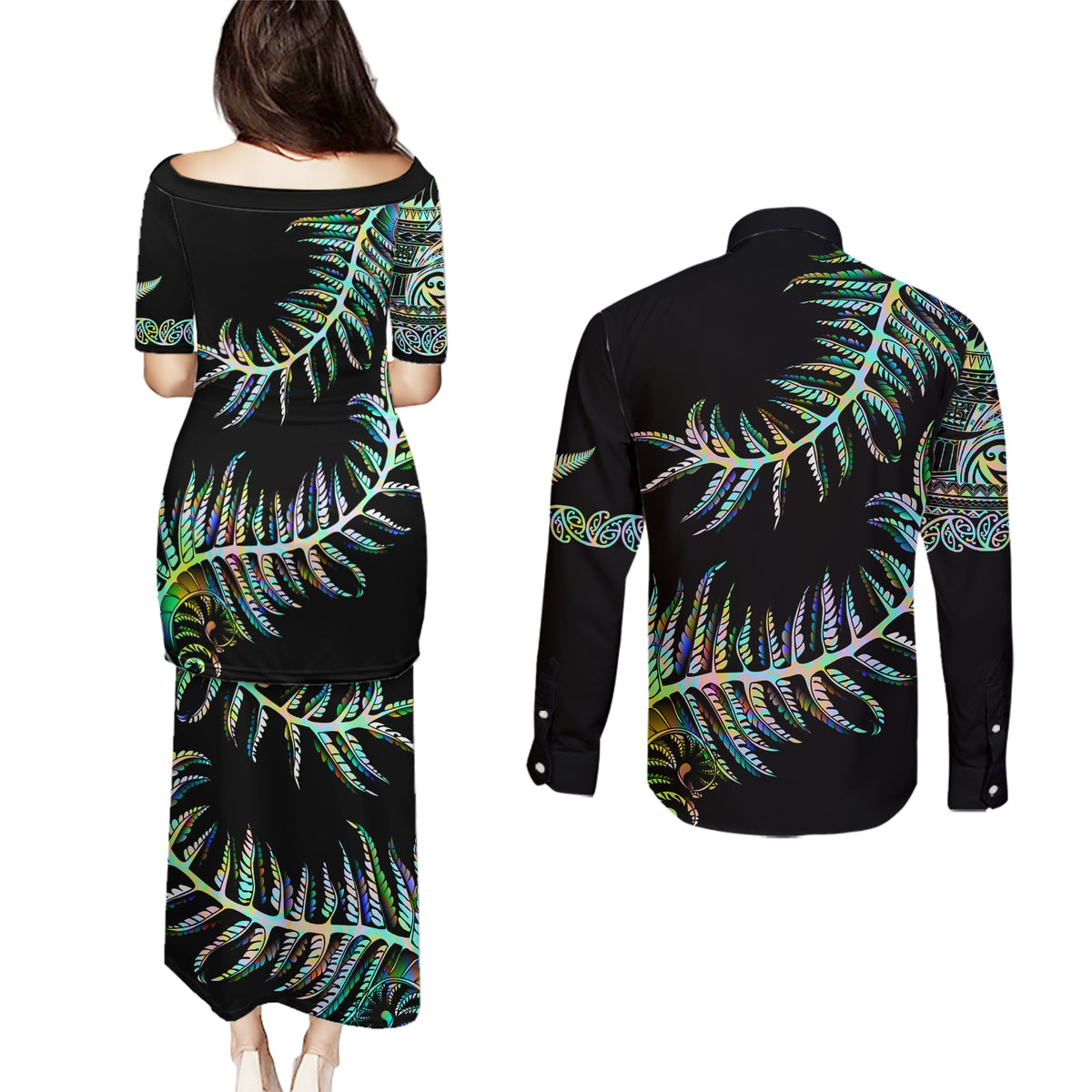 New Zealand Couples Matching Puletasi Dress and Long Sleeve Button Shirt Aotearoa Silver Fern Mixed Papua Shell Green Vibe LT9 - Wonder Print Shop