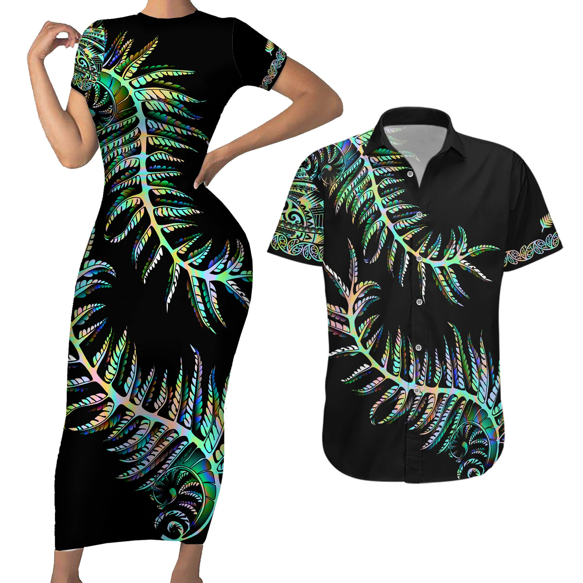 New Zealand Couples Matching Short Sleeve Bodycon Dress and Hawaiian Shirt Aotearoa Silver Fern Mixed Papua Shell Green Vibe LT9 - Wonder Print Shop