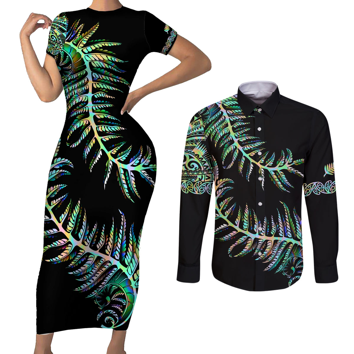 New Zealand Couples Matching Short Sleeve Bodycon Dress and Long Sleeve Button Shirt Aotearoa Silver Fern Mixed Papua Shell Green Vibe LT9 - Wonder Print Shop