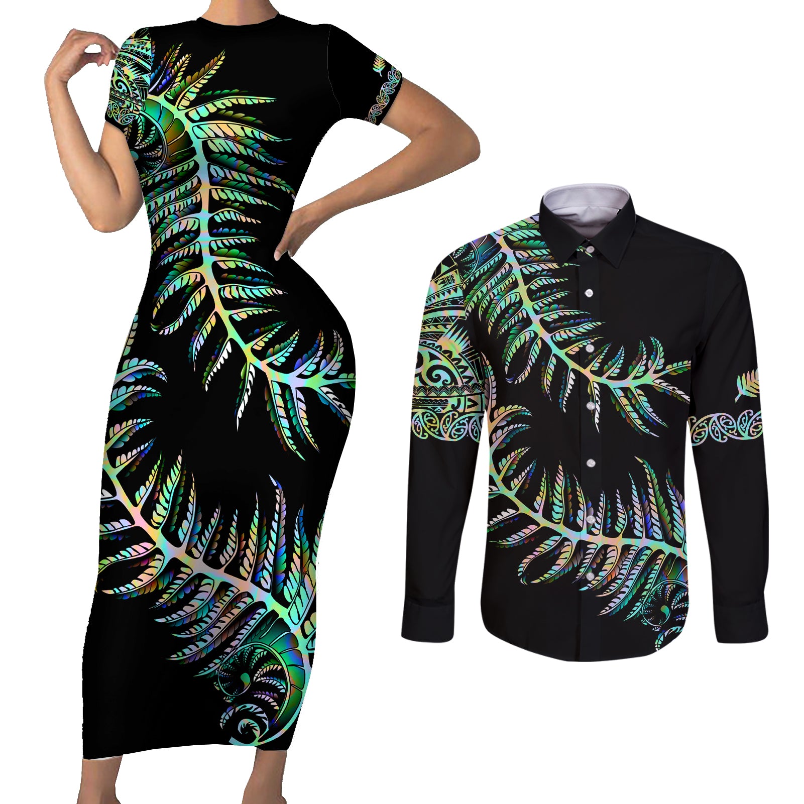 New Zealand Couples Matching Short Sleeve Bodycon Dress and Long Sleeve Button Shirt Aotearoa Silver Fern Mixed Papua Shell Green Vibe LT9 - Wonder Print Shop