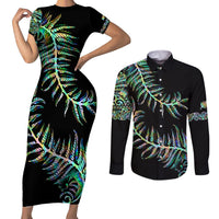 New Zealand Couples Matching Short Sleeve Bodycon Dress and Long Sleeve Button Shirt Aotearoa Silver Fern Mixed Papua Shell Green Vibe LT9 - Wonder Print Shop