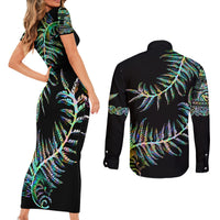 New Zealand Couples Matching Short Sleeve Bodycon Dress and Long Sleeve Button Shirt Aotearoa Silver Fern Mixed Papua Shell Green Vibe LT9 - Wonder Print Shop