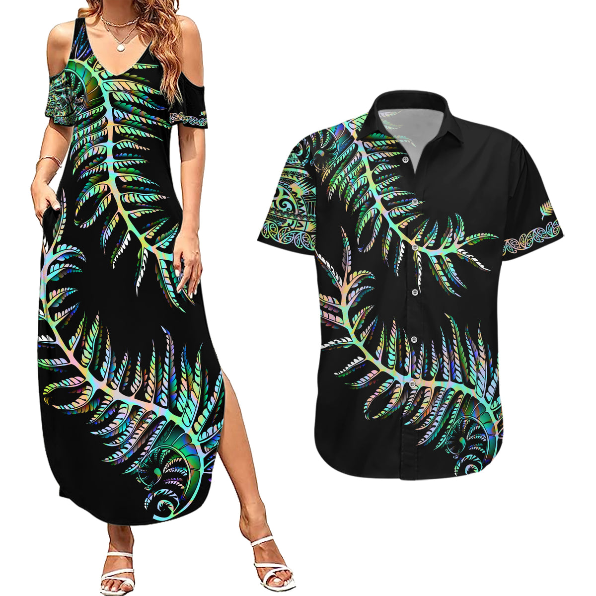 New Zealand Couples Matching Summer Maxi Dress and Hawaiian Shirt Aotearoa Silver Fern Mixed Papua Shell Green Vibe LT9 - Wonder Print Shop