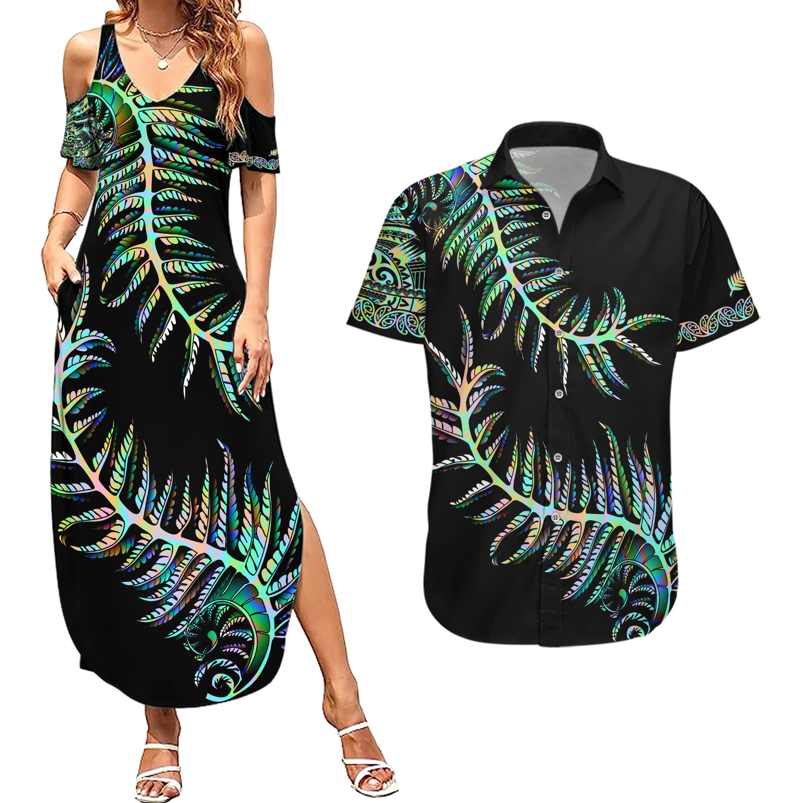 New Zealand Couples Matching Summer Maxi Dress and Hawaiian Shirt Aotearoa Silver Fern Mixed Papua Shell Green Vibe LT9 - Wonder Print Shop