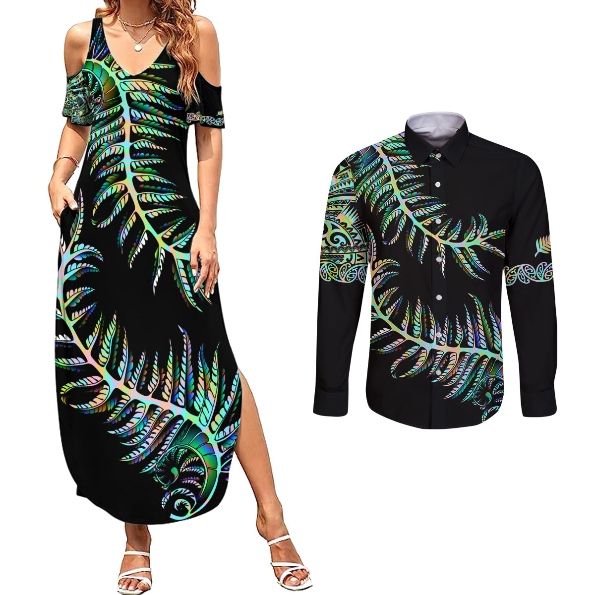 New Zealand Couples Matching Summer Maxi Dress and Long Sleeve Button Shirt Aotearoa Silver Fern Mixed Papua Shell Green Vibe LT9 - Wonder Print Shop