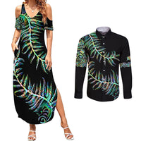 New Zealand Couples Matching Summer Maxi Dress and Long Sleeve Button Shirt Aotearoa Silver Fern Mixed Papua Shell Green Vibe LT9 - Wonder Print Shop