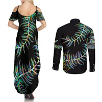 New Zealand Couples Matching Summer Maxi Dress and Long Sleeve Button Shirt Aotearoa Silver Fern Mixed Papua Shell Green Vibe LT9 - Wonder Print Shop