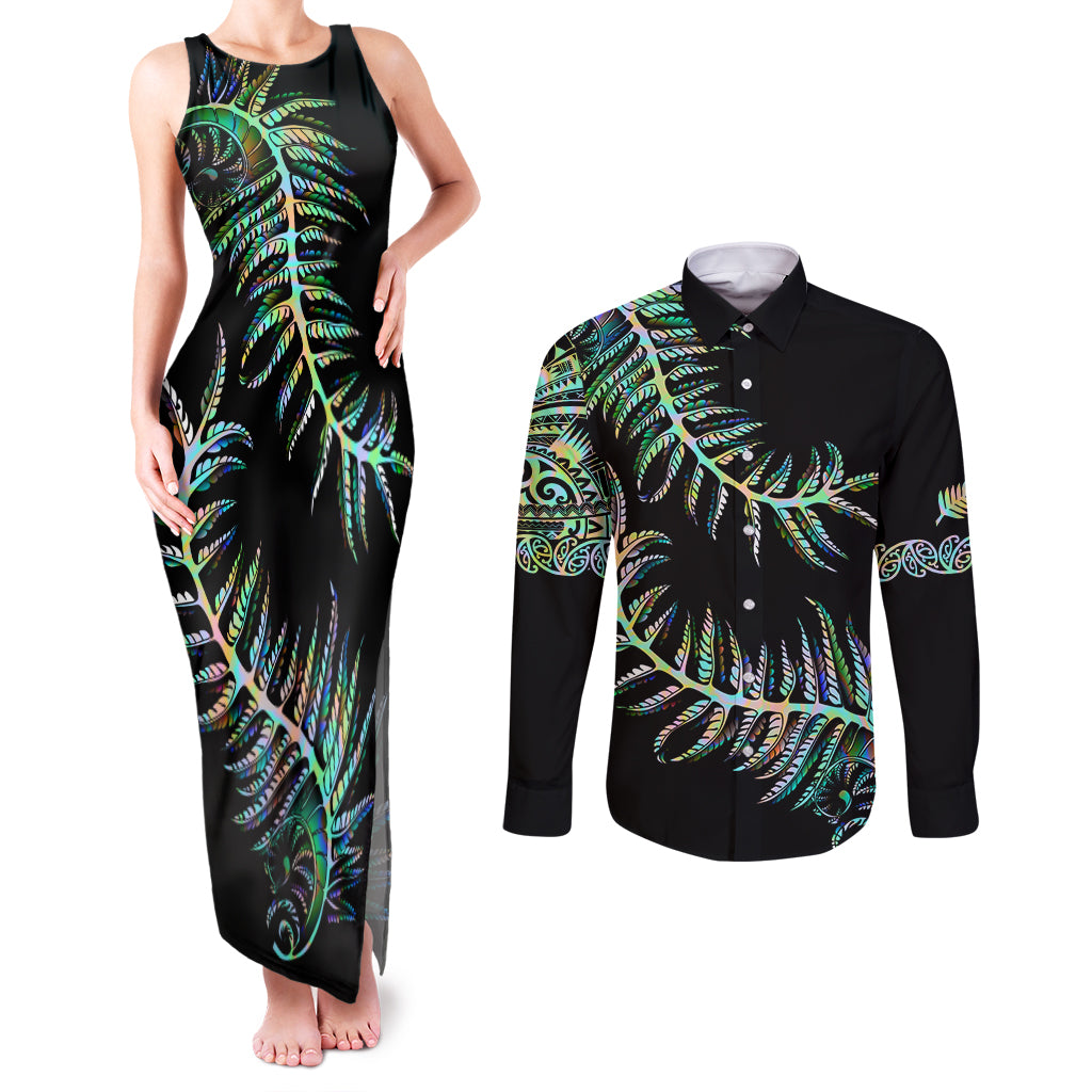 New Zealand Couples Matching Tank Maxi Dress and Long Sleeve Button Shirt Aotearoa Silver Fern Mixed Papua Shell Green Vibe LT9 - Wonder Print Shop