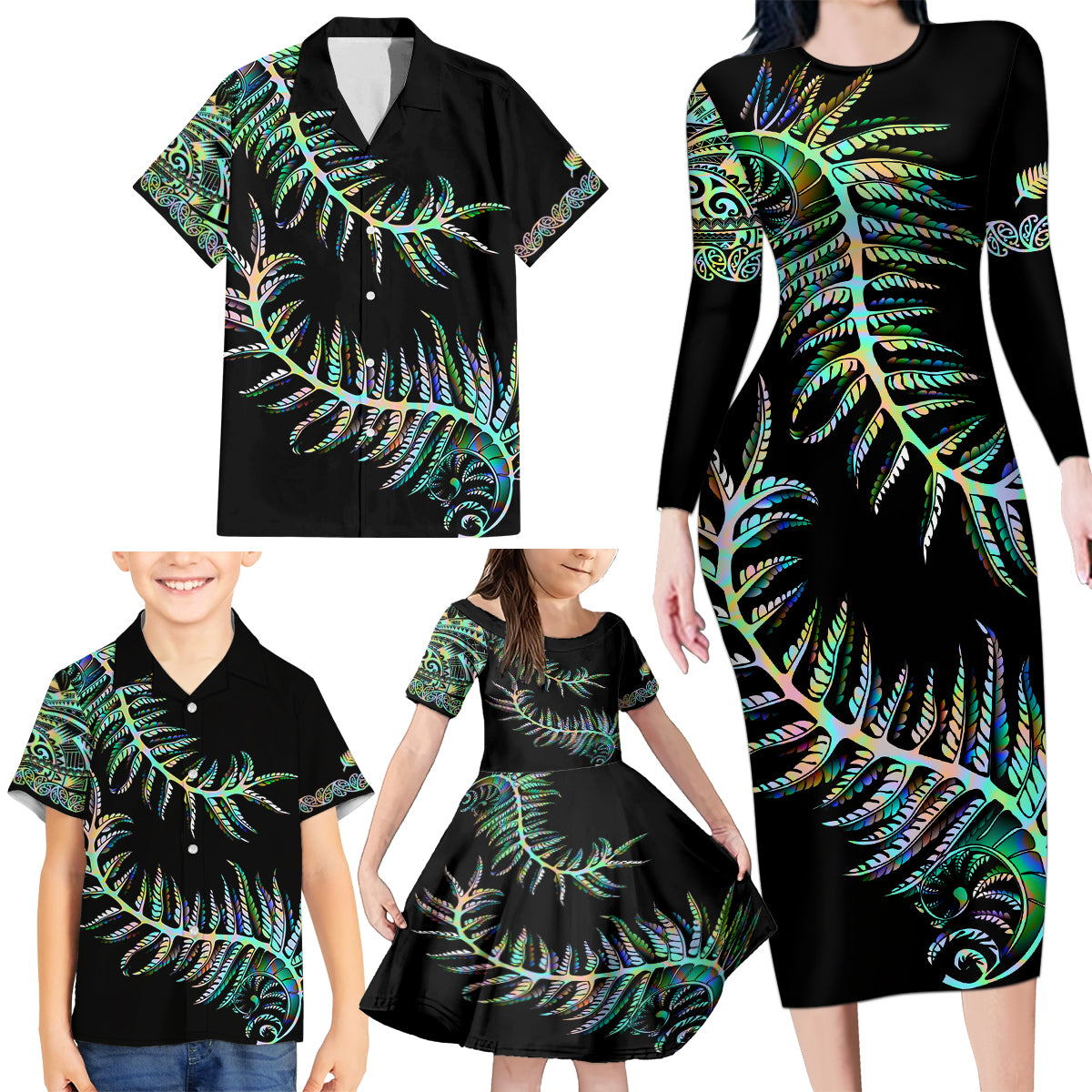 New Zealand Family Matching Long Sleeve Bodycon Dress and Hawaiian Shirt Aotearoa Silver Fern Mixed Papua Shell Green Vibe LT9 - Wonder Print Shop