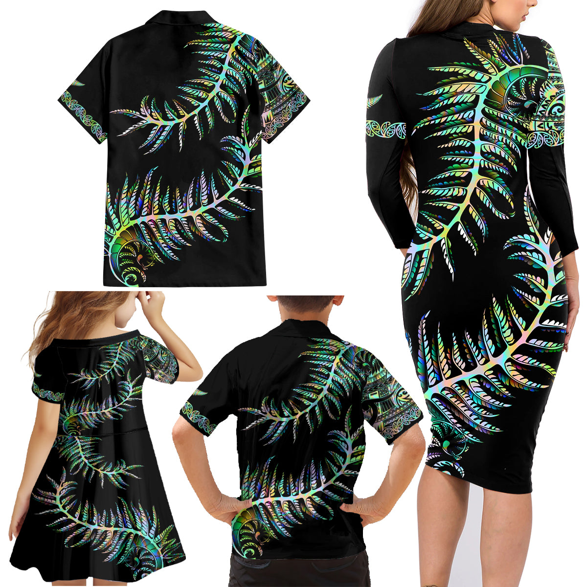 New Zealand Family Matching Long Sleeve Bodycon Dress and Hawaiian Shirt Aotearoa Silver Fern Mixed Papua Shell Green Vibe LT9 - Wonder Print Shop