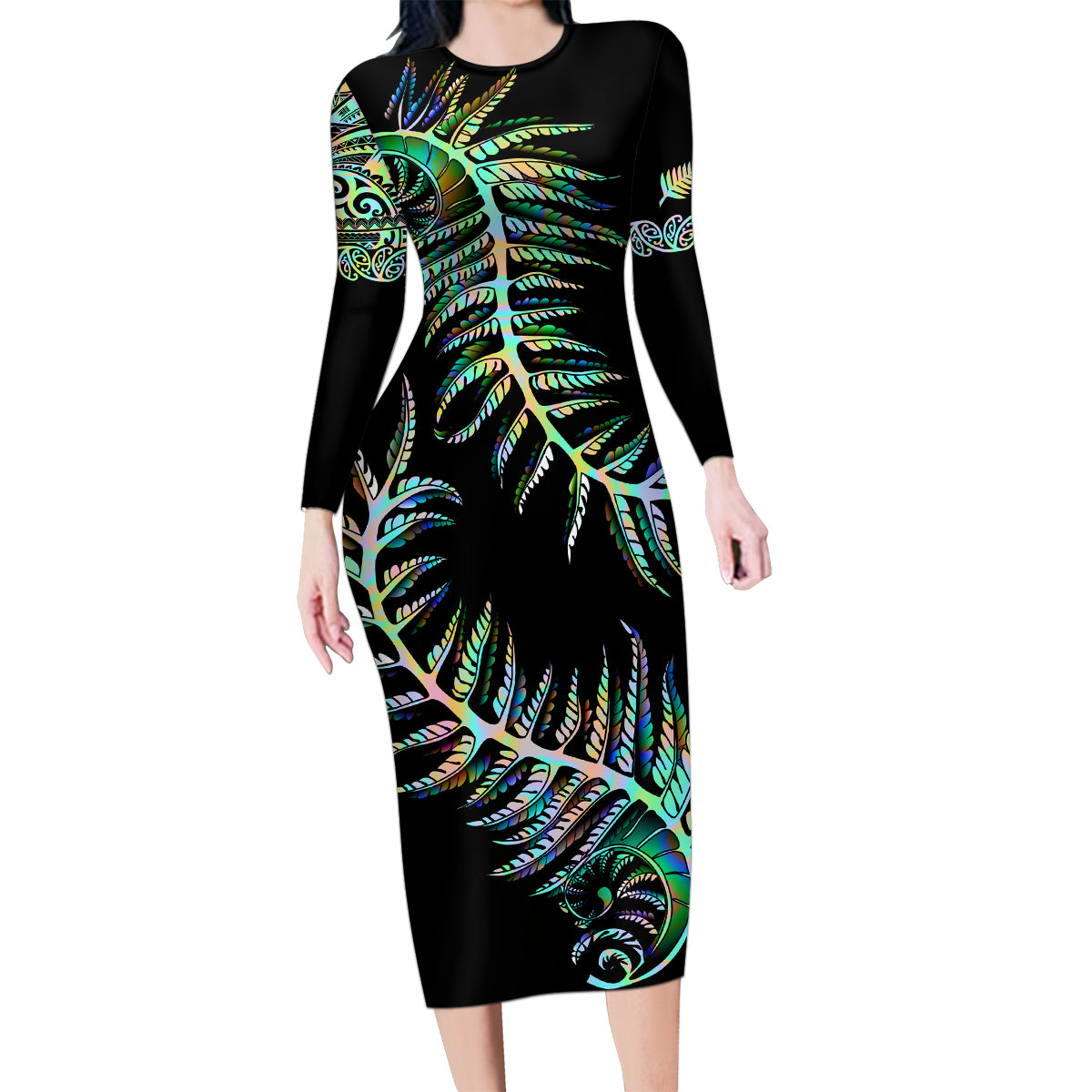 New Zealand Family Matching Long Sleeve Bodycon Dress and Hawaiian Shirt Aotearoa Silver Fern Mixed Papua Shell Green Vibe LT9 - Wonder Print Shop