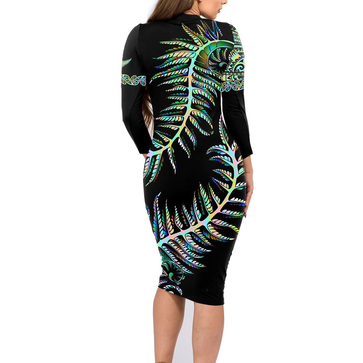 New Zealand Family Matching Long Sleeve Bodycon Dress and Hawaiian Shirt Aotearoa Silver Fern Mixed Papua Shell Green Vibe LT9 - Wonder Print Shop