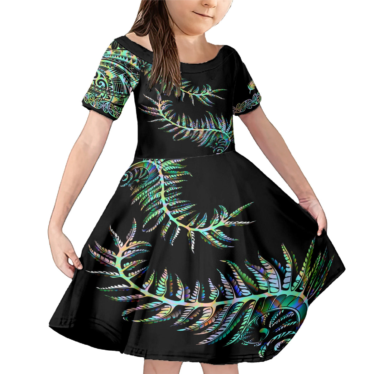 New Zealand Family Matching Mermaid Dress and Hawaiian Shirt Aotearoa Silver Fern Mixed Papua Shell Green Vibe LT9 - Wonder Print Shop