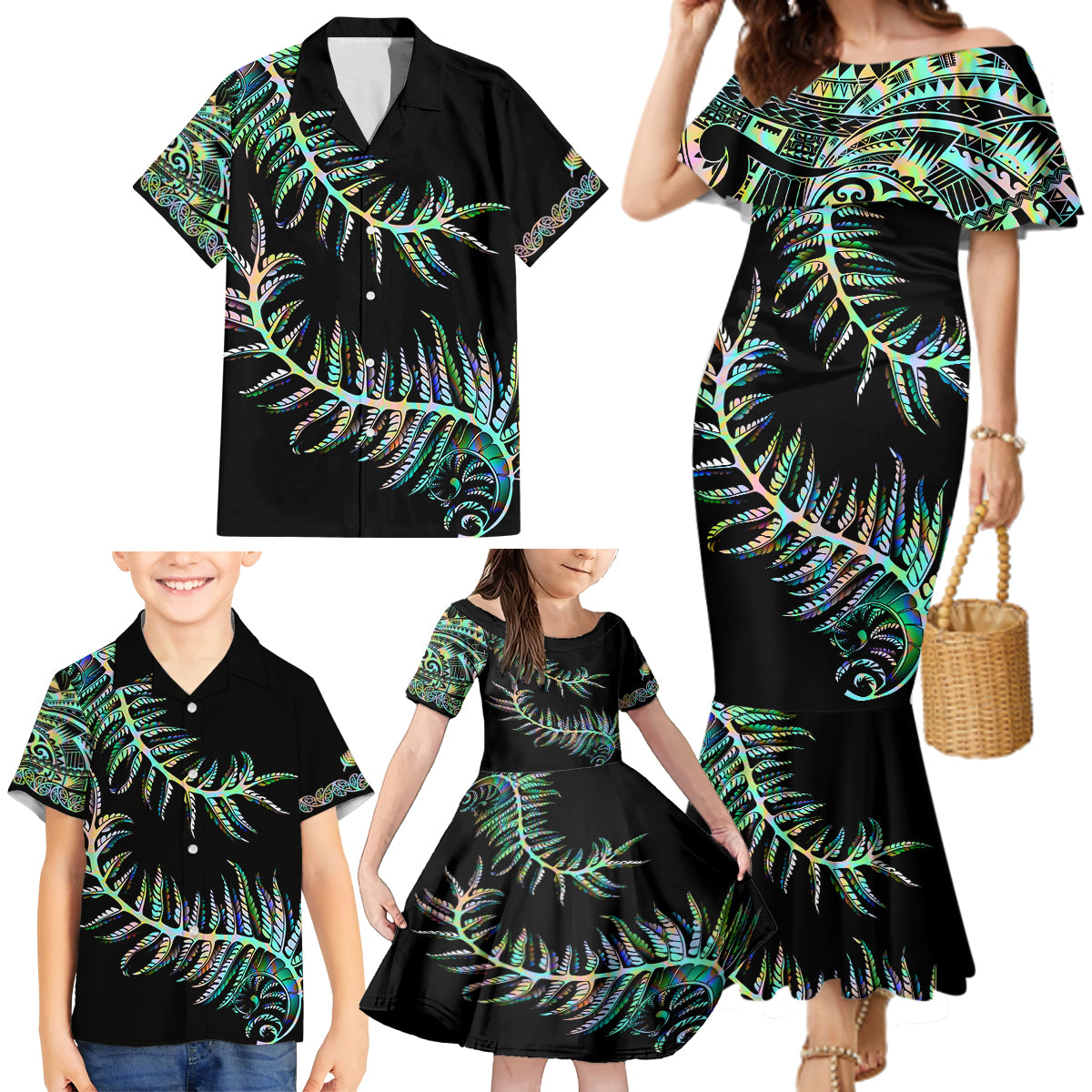 New Zealand Family Matching Mermaid Dress and Hawaiian Shirt Aotearoa Silver Fern Mixed Papua Shell Green Vibe LT9 - Wonder Print Shop