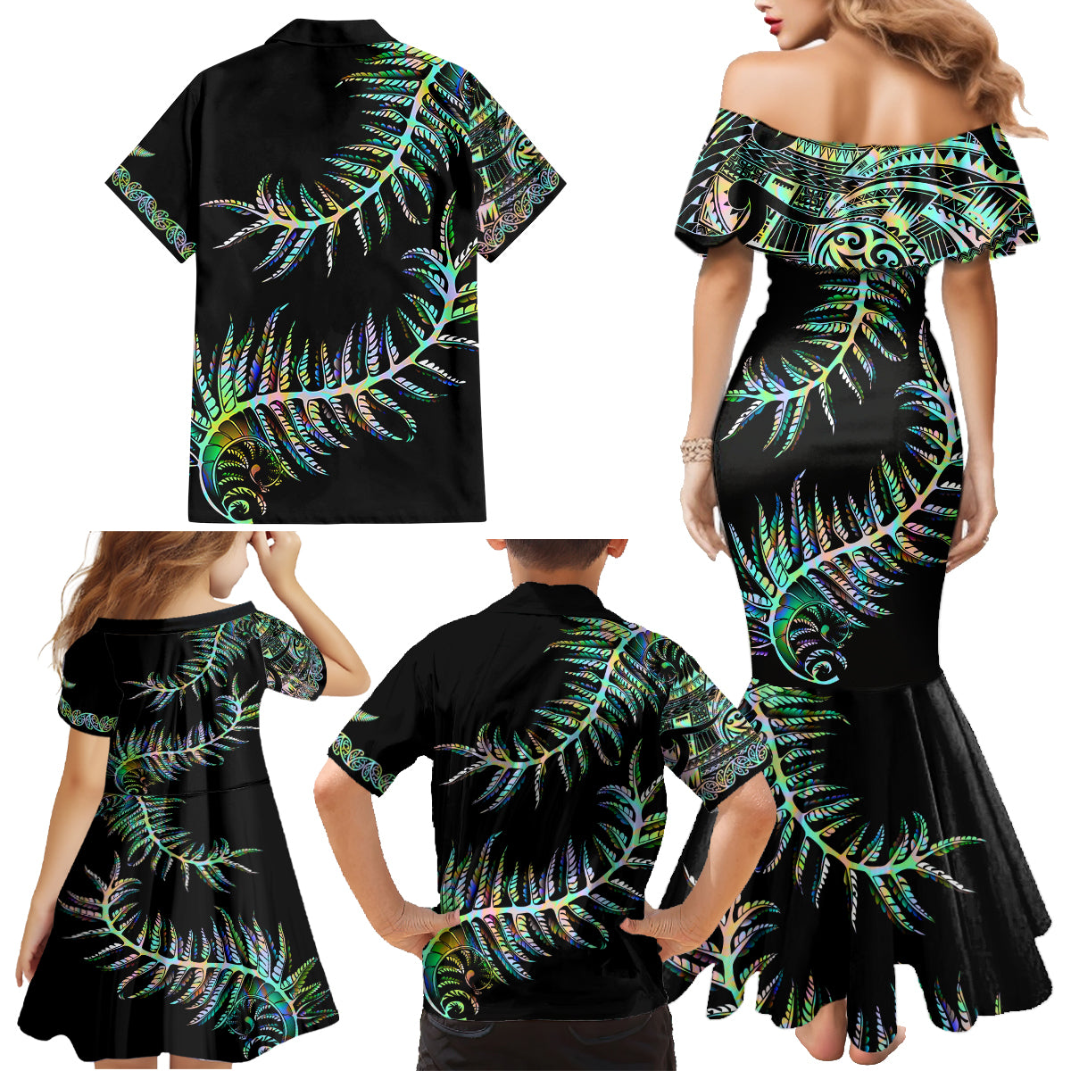 New Zealand Family Matching Mermaid Dress and Hawaiian Shirt Aotearoa Silver Fern Mixed Papua Shell Green Vibe LT9 - Wonder Print Shop