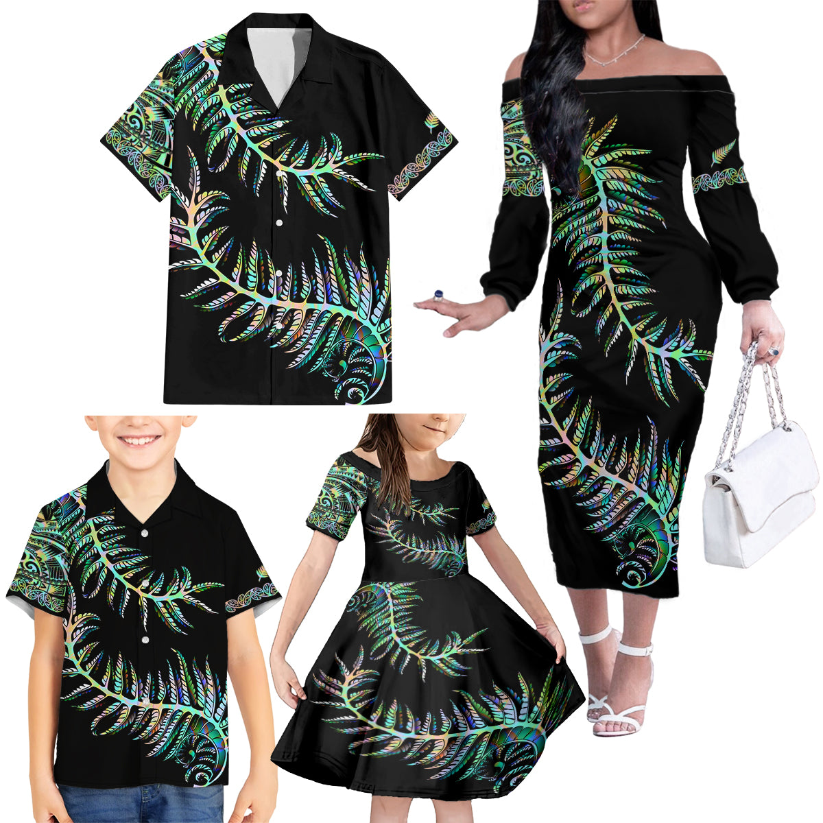 New Zealand Family Matching Off Shoulder Long Sleeve Dress and Hawaiian Shirt Aotearoa Silver Fern Mixed Papua Shell Green Vibe - Wonder Print Shop