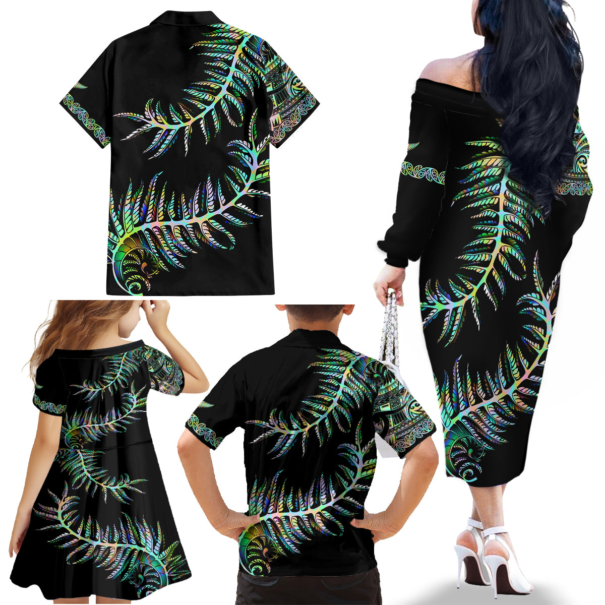 New Zealand Family Matching Off Shoulder Long Sleeve Dress and Hawaiian Shirt Aotearoa Silver Fern Mixed Papua Shell Green Vibe - Wonder Print Shop