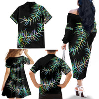 New Zealand Family Matching Off Shoulder Long Sleeve Dress and Hawaiian Shirt Aotearoa Silver Fern Mixed Papua Shell Green Vibe - Wonder Print Shop