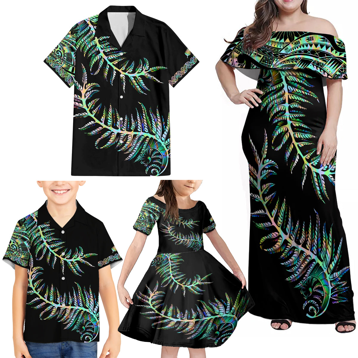 New Zealand Family Matching Off Shoulder Maxi Dress and Hawaiian Shirt Aotearoa Silver Fern Mixed Papua Shell Green Vibe LT9 - Wonder Print Shop