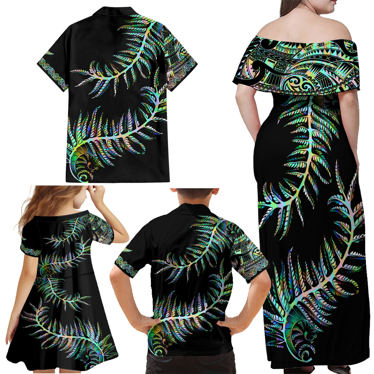New Zealand Family Matching Off Shoulder Maxi Dress and Hawaiian Shirt Aotearoa Silver Fern Mixed Papua Shell Green Vibe LT9 - Wonder Print Shop