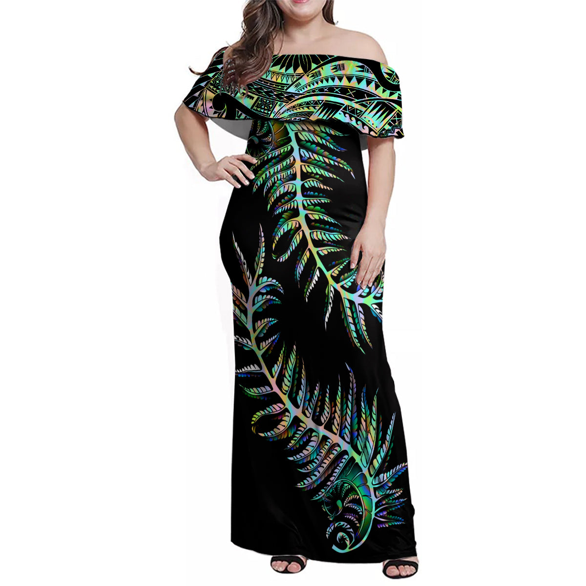 New Zealand Family Matching Off Shoulder Maxi Dress and Hawaiian Shirt Aotearoa Silver Fern Mixed Papua Shell Green Vibe LT9 - Wonder Print Shop