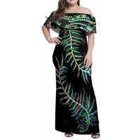 New Zealand Family Matching Off Shoulder Maxi Dress and Hawaiian Shirt Aotearoa Silver Fern Mixed Papua Shell Green Vibe LT9 - Wonder Print Shop