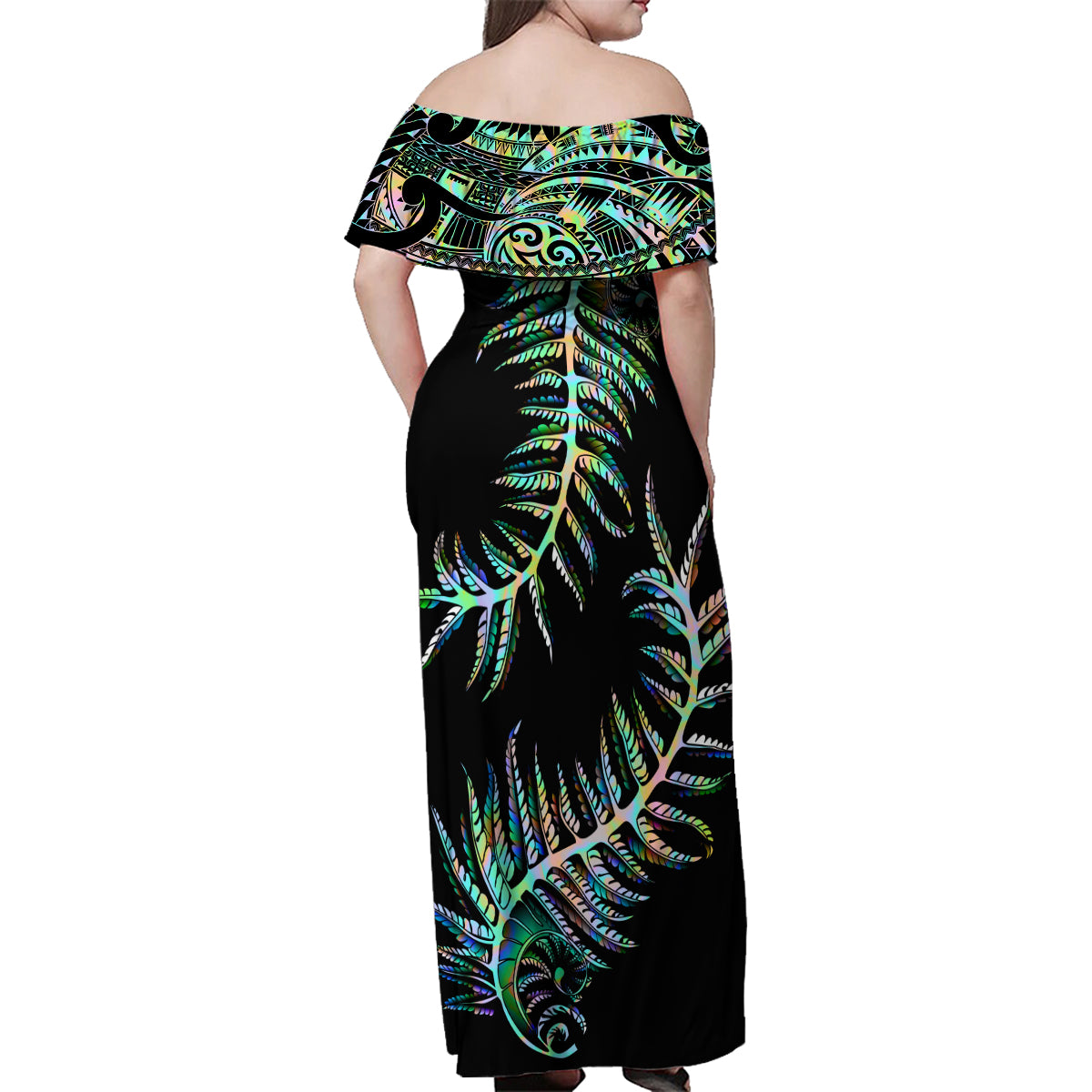 New Zealand Family Matching Off Shoulder Maxi Dress and Hawaiian Shirt Aotearoa Silver Fern Mixed Papua Shell Green Vibe LT9 - Wonder Print Shop